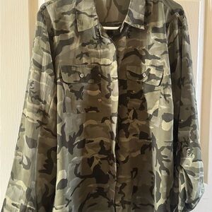 dressbarn Green Camouflage Women’s Blouse with Military-Inspired Design